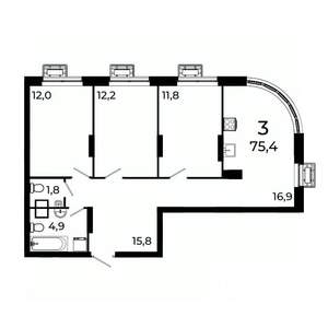3-к квартира, вторичка, 75м2, 9/19 этаж