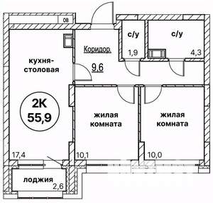 2-к квартира, вторичка, 56м2, 6/13 этаж
