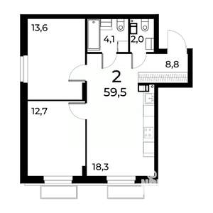 2-к квартира, вторичка, 60м2, 3/15 этаж