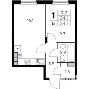 1-к квартира, вторичка, 34м2, 1/4 этаж