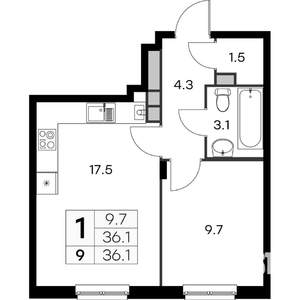 1-к квартира, вторичка, 36м2, 1/4 этаж
