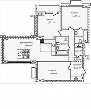 3-к квартира, строящийся дом, 97м2, 2/16 этаж