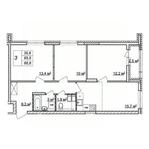 3-к квартира, строящийся дом, 67м2, 19/25 этаж