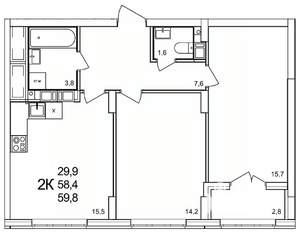2-к квартира, вторичка, 60м2, 18/19 этаж