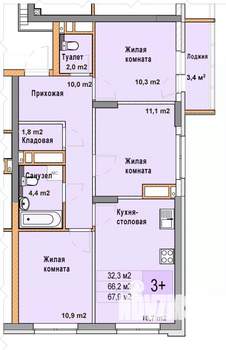 3-к квартира, вторичка, 68м2, 19/25 этаж
