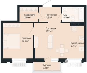 1-к квартира, вторичка, 53м2, 6/9 этаж