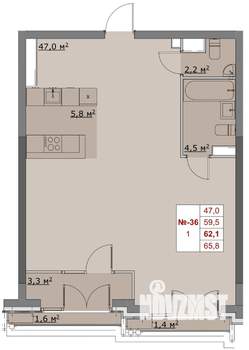 1-к квартира, вторичка, 62м2, 6/6 этаж