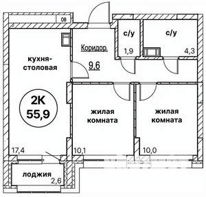 2-к квартира, вторичка, 56м2, 7/13 этаж