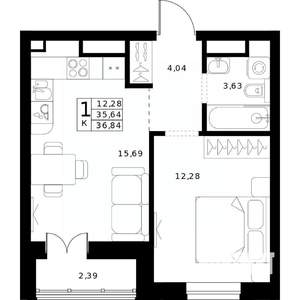1-к квартира, строящийся дом, 37м2, 20/24 этаж