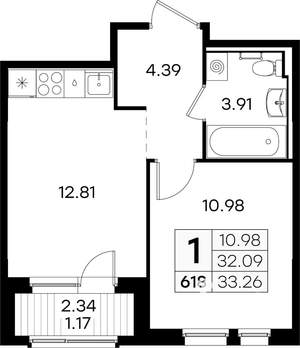 1-к квартира, вторичка, 33м2, 2/9 этаж
