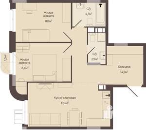 2-к квартира, строящийся дом, 65м2, 3/8 этаж