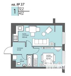 1-к квартира, вторичка, 41м2, 4/25 этаж