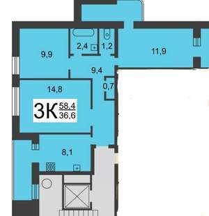 3-к квартира, вторичка, 59м2, 2/9 этаж