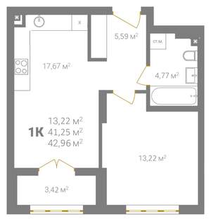 1-к квартира, вторичка, 43м2, 2/18 этаж