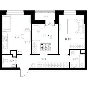 2-к квартира, строящийся дом, 55м2, 2/24 этаж