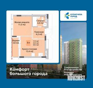 1-к квартира, вторичка, 34м2, 9/10 этаж