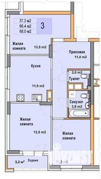 3-к квартира, вторичка, 68м2, 4/25 этаж