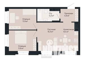 2-к квартира, строящийся дом, 57м2, 1/9 этаж