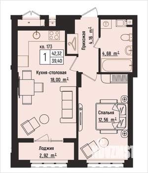 1-к квартира, вторичка, 42м2, 6/15 этаж