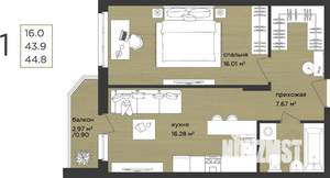 1-к квартира, строящийся дом, 45м2, 1/15 этаж