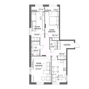 3-к квартира, строящийся дом, 101м2, 8/9 этаж