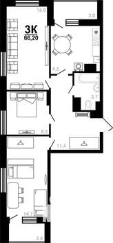 3-к квартира, вторичка, 66м2, 19/25 этаж