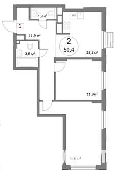 2-к квартира, сданный дом, 59м2, 2/22 этаж