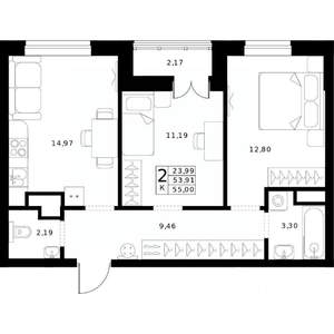2-к квартира, строящийся дом, 55м2, 17/24 этаж