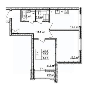 2-к квартира, строящийся дом, 53м2, 21/25 этаж