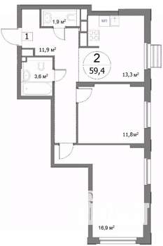 2-к квартира, строящийся дом, 59м2, 2/22 этаж
