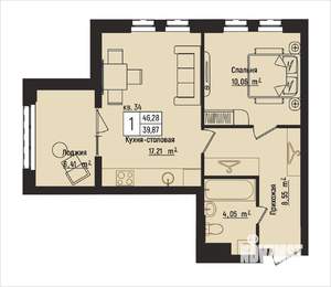 1-к квартира, вторичка, 46м2, 5/15 этаж