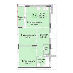 2-к квартира, строящийся дом, 53м2, 4/10 этаж