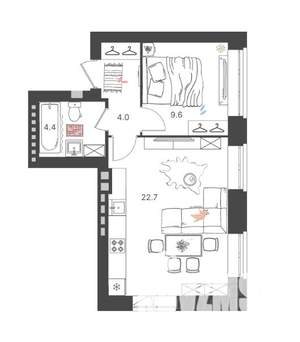 1-к квартира, вторичка, 41м2, 1/4 этаж