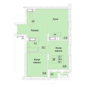 2-к квартира, вторичка, 58м2, 21/25 этаж