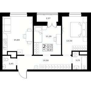 2-к квартира, строящийся дом, 57м2, 13/24 этаж