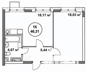 1-к квартира, вторичка, 46м2, 4/22 этаж