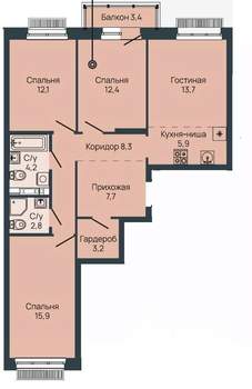 3-к квартира, строящийся дом, 87м2, 5/9 этаж