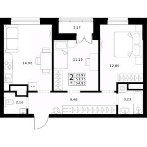 2-к квартира, строящийся дом, 55м2, 20/24 этаж