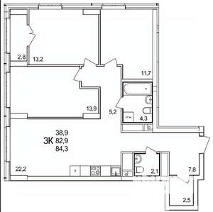 3-к квартира, строящийся дом, 84м2, 21/25 этаж