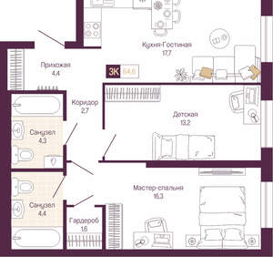 2-к квартира, вторичка, 65м2, 4/19 этаж