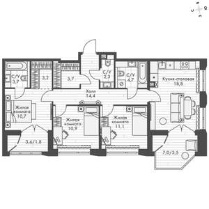 3-к квартира, вторичка, 86м2, 11/16 этаж