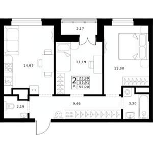 2-к квартира, строящийся дом, 55м2, 16/24 этаж