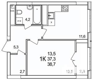 1-к квартира, строящийся дом, 39м2, 15/25 этаж