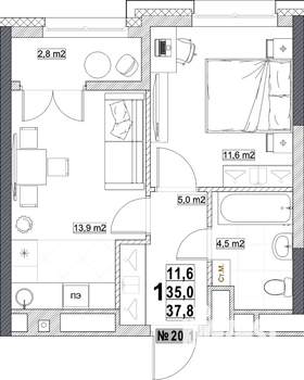 1-к квартира, вторичка, 38м2, 8/24 этаж