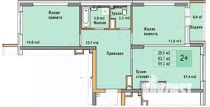 2-к квартира, вторичка, 65м2, 7/25 этаж