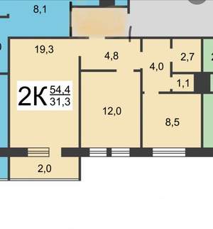 2-к квартира, вторичка, 54м2, 1/10 этаж