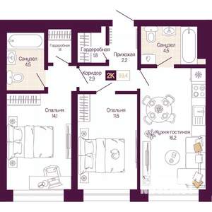 2-к квартира, вторичка, 59м2, 13/25 этаж