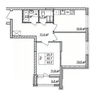 2-к квартира, строящийся дом, 53м2, 18/25 этаж