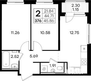 2-к квартира, вторичка, 46м2, 1/9 этаж