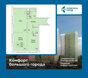 2-к квартира, вторичка, 57м2, 3/25 этаж